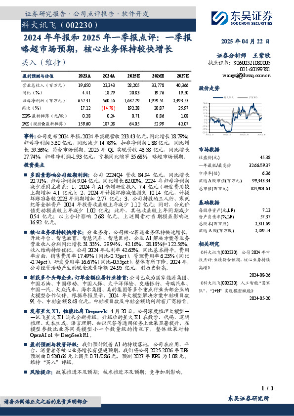 2024年年报和2025年一季报点评：一季报略超市场预期，核心业务保持较快增长