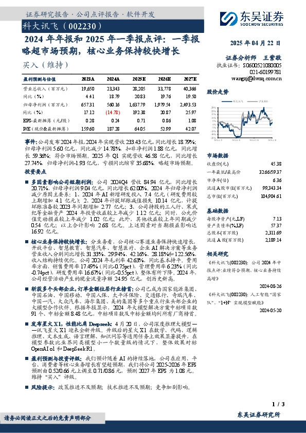 2024年年报和2025年一季报点评：一季报略超市场预期，核心业务保持较快增长