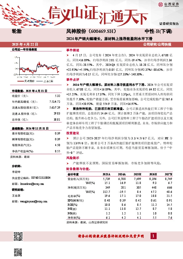 2024年产销大幅增长，原材料上涨导致盈利水平下滑