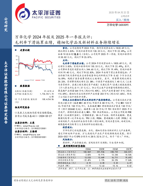 万华化学2024年报及2025年一季报点评：毛利率下滑拖累业绩，精细化学品及新材料业务持续增长