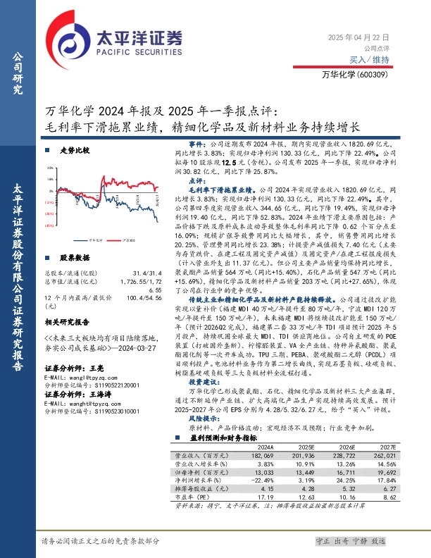 万华化学2024年报及2025年一季报点评：毛利率下滑拖累业绩，精细化学品及新材料业务持续增长