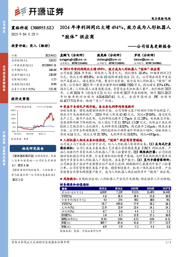 公司信息更新报告：2024年净利润同比大增494%，致力成为人形机器人“肢体”供应商
