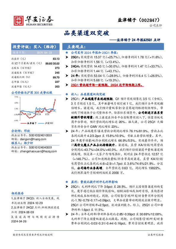 盐津铺子24年报&25Q1点评：品类渠道双突破