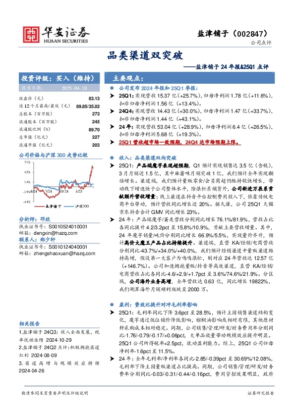盐津铺子24年报&25Q1点评：品类渠道双突破