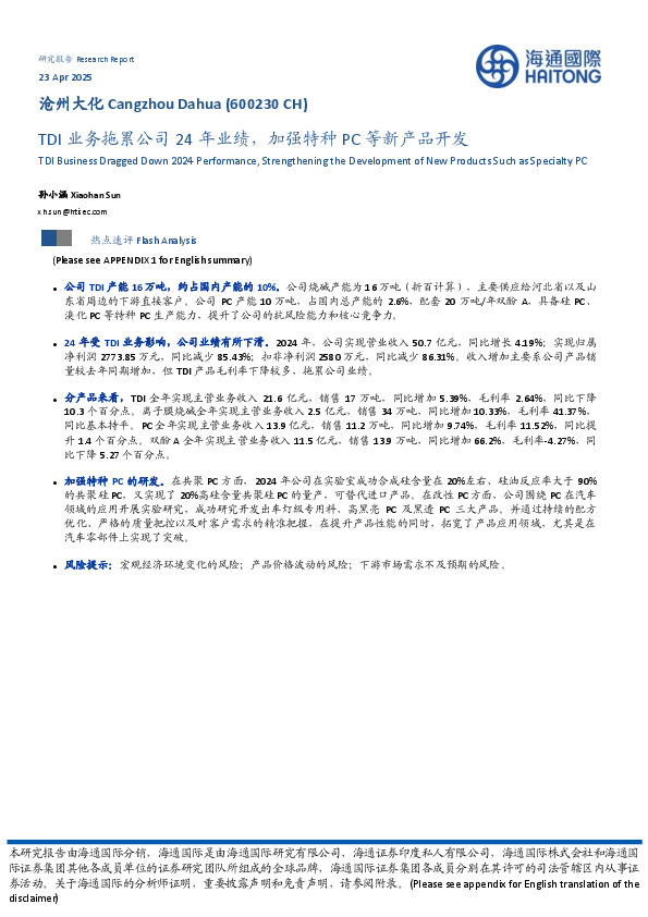 TDI业务拖累公司24年业绩，加强特种PC等新产品开发