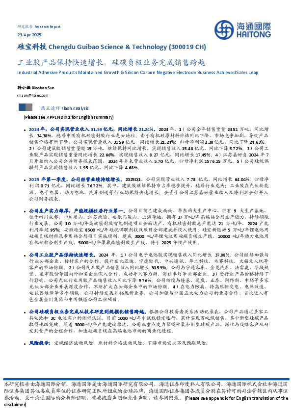 工业胶产品保持快速增长，硅碳负极业务完成销售跨越