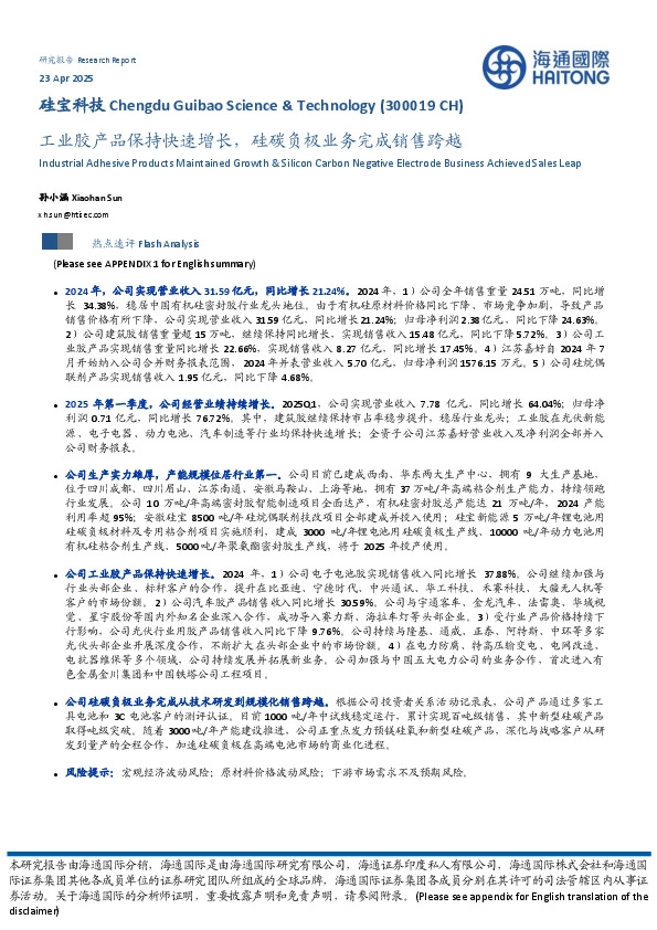 工业胶产品保持快速增长，硅碳负极业务完成销售跨越