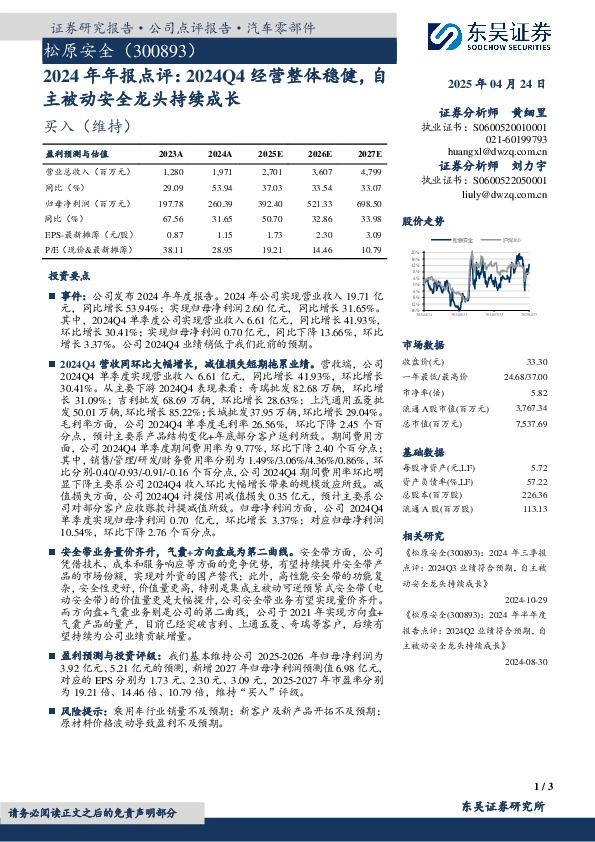 2024年年报点评：2024Q4经营整体稳健，自主被动安全龙头持续成长