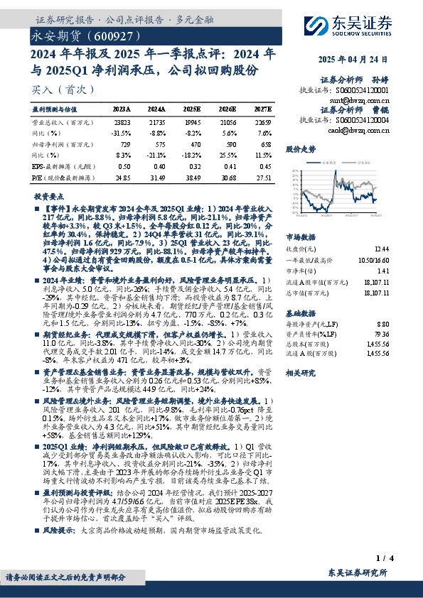 2024年年报及2025年一季报点评：2024年与2025Q1净利润承压，公司拟回购股份