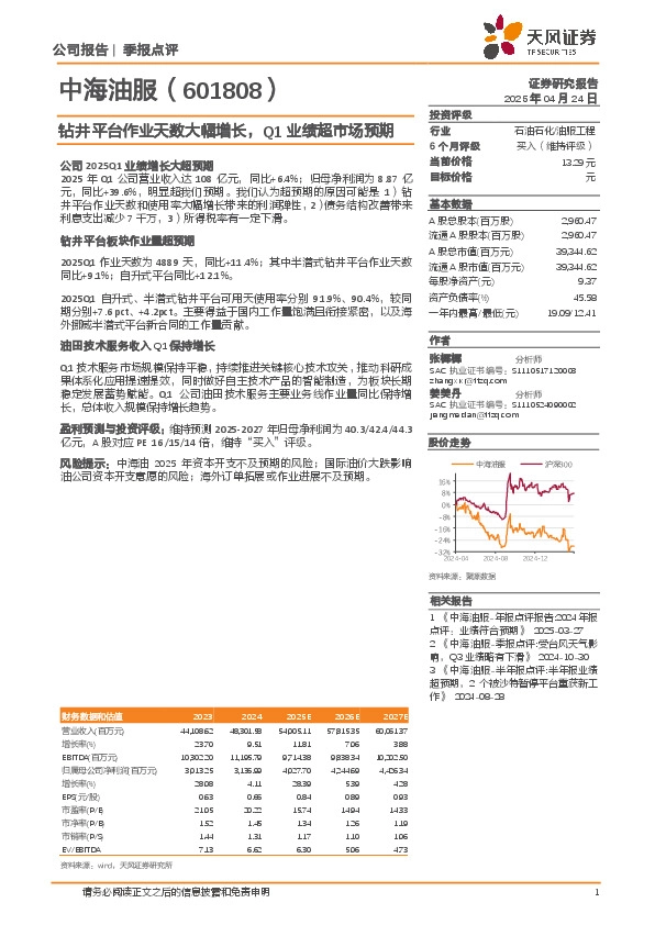 钻井平台作业天数大幅增长，Q1业绩超市场预期