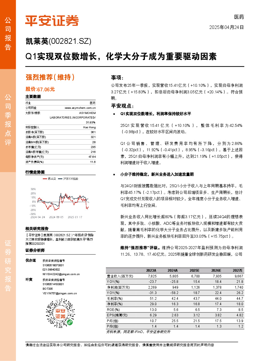 Q1实现双位数增长，化学大分子成为重要驱动因素