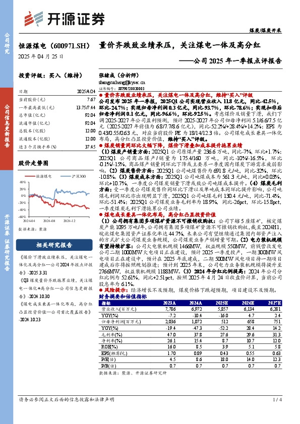 公司2025年一季报点评报告：量价齐跌致业绩承压，关注煤电一体及高分红