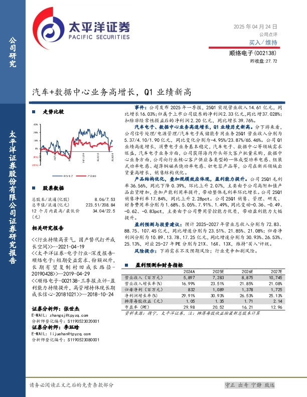 汽车+数据中心业务高增长，Q1业绩新高