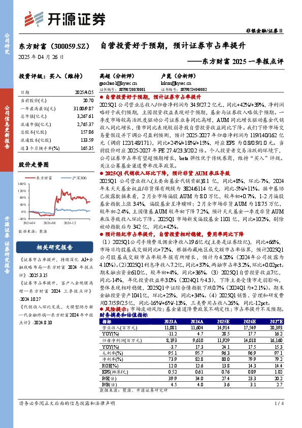 东方财富2025一季报点评：自营投资好于预期，预计证券市占率提升