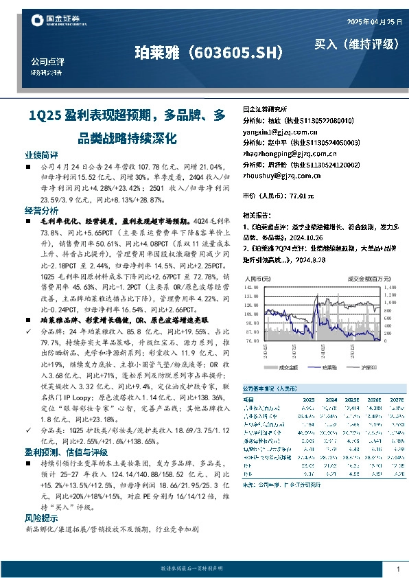 1Q25盈利表现超预期，多品牌、多品类战略持续深化