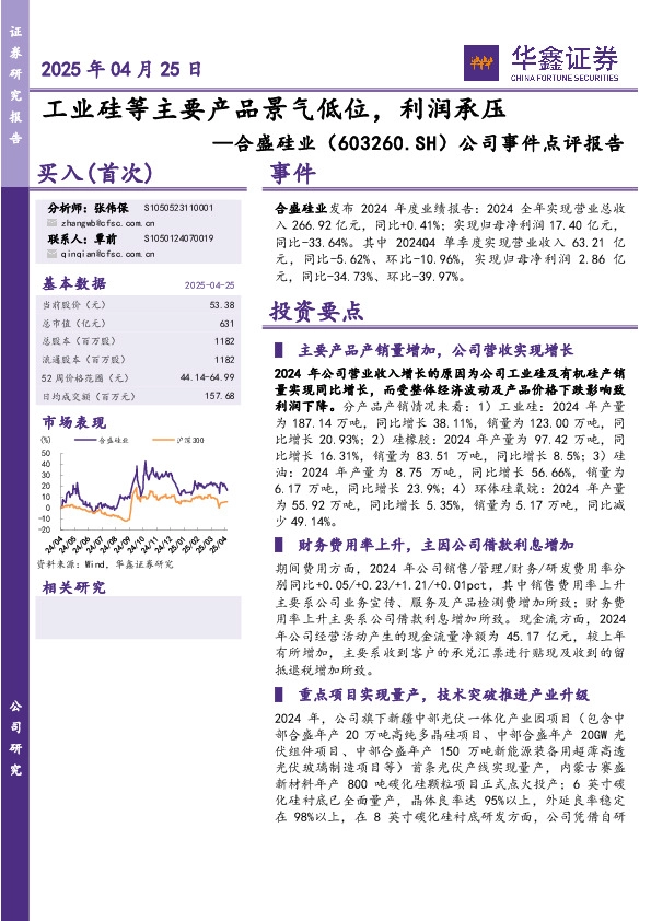 公司事件点评报告：工业硅等主要产品景气低位，利润承压