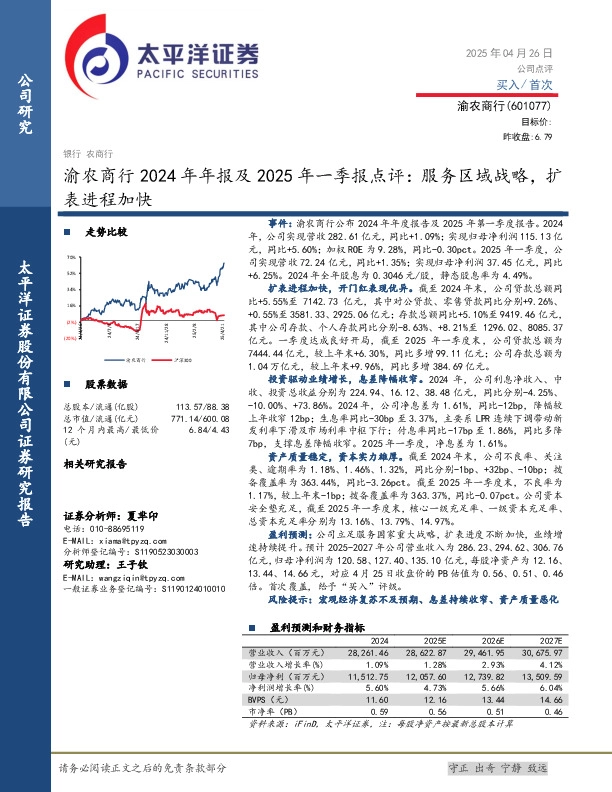 渝农商行2024年年报及2025年一季报点评：服务区域战略，扩表进程加快