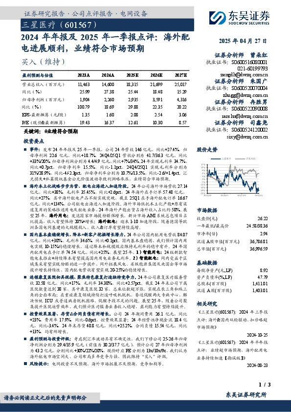 2024年年报及2025年一季报点评：海外配电进展顺利，业绩符合市场预期