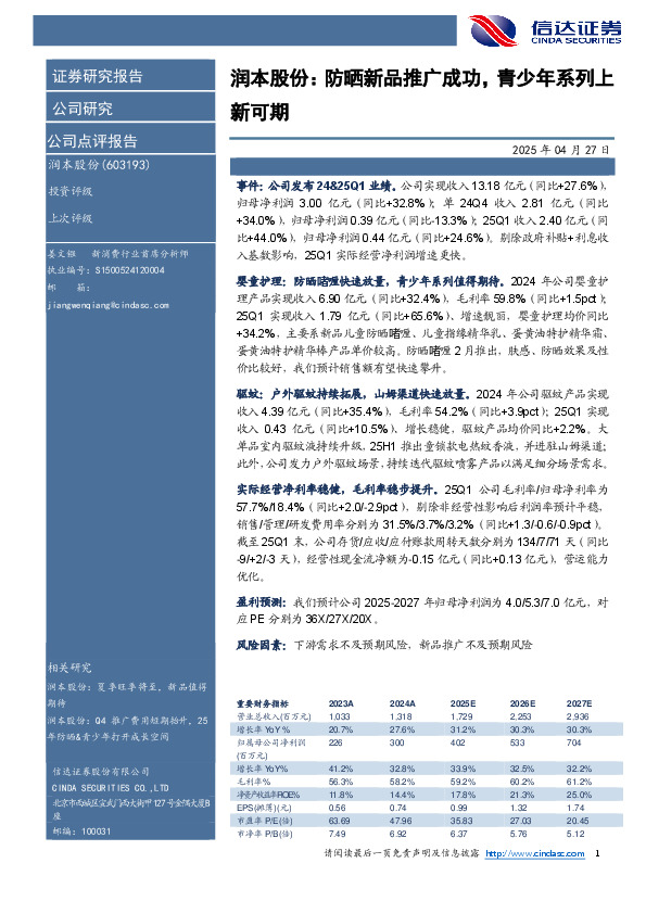 润本股份：防晒新品推广成功，青少年系列上新可期