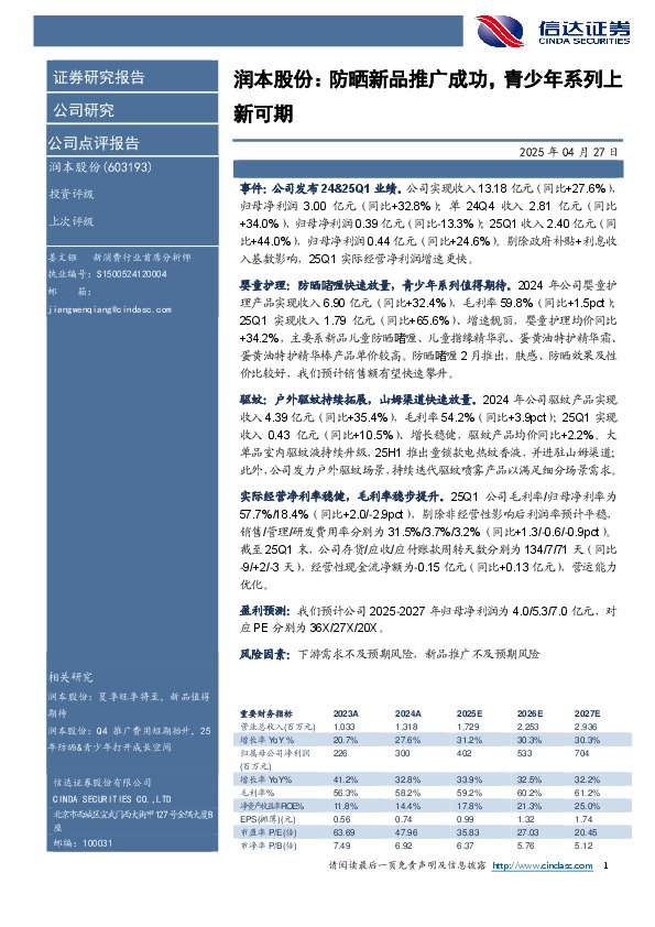 润本股份：防晒新品推广成功，青少年系列上新可期