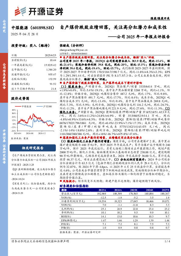 公司2025年一季报点评报告：自产煤价跌致业绩回落，关注高分红潜力和成长性