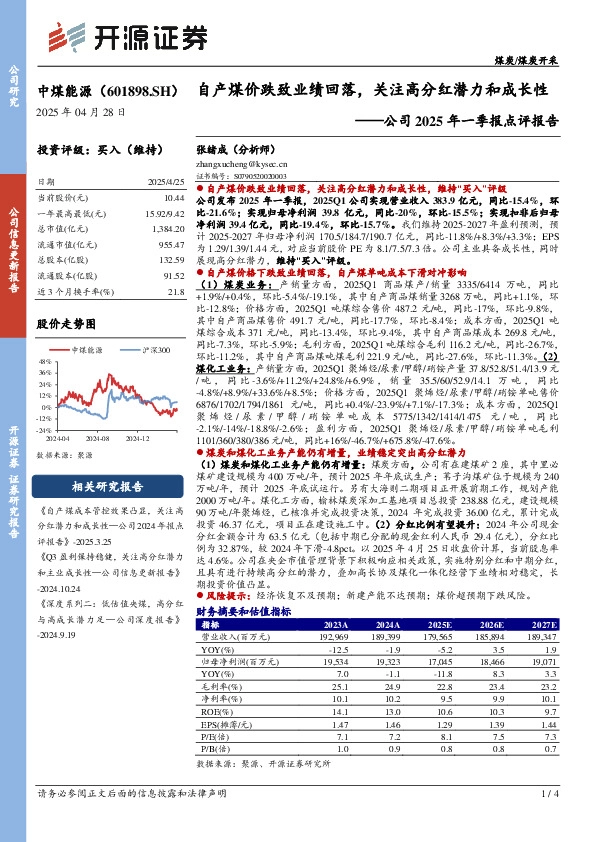 公司2025年一季报点评报告：自产煤价跌致业绩回落，关注高分红潜力和成长性