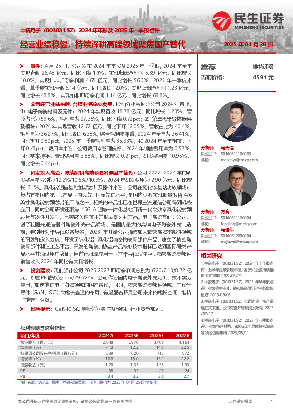 2024年年报及2025年一季报点评：经营业绩稳健，持续深耕高端领域聚焦国产替代