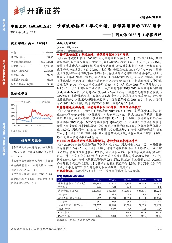中国太保2025年1季报点评：债市波动拖累1季报业绩，银保高增驱动NBV增长