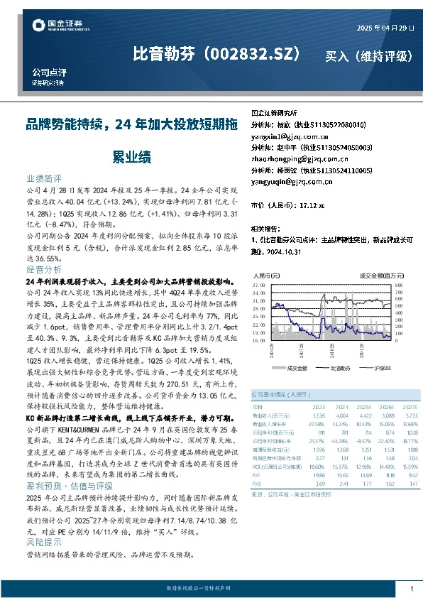 品牌势能持续，24年加大投放短期拖累业绩