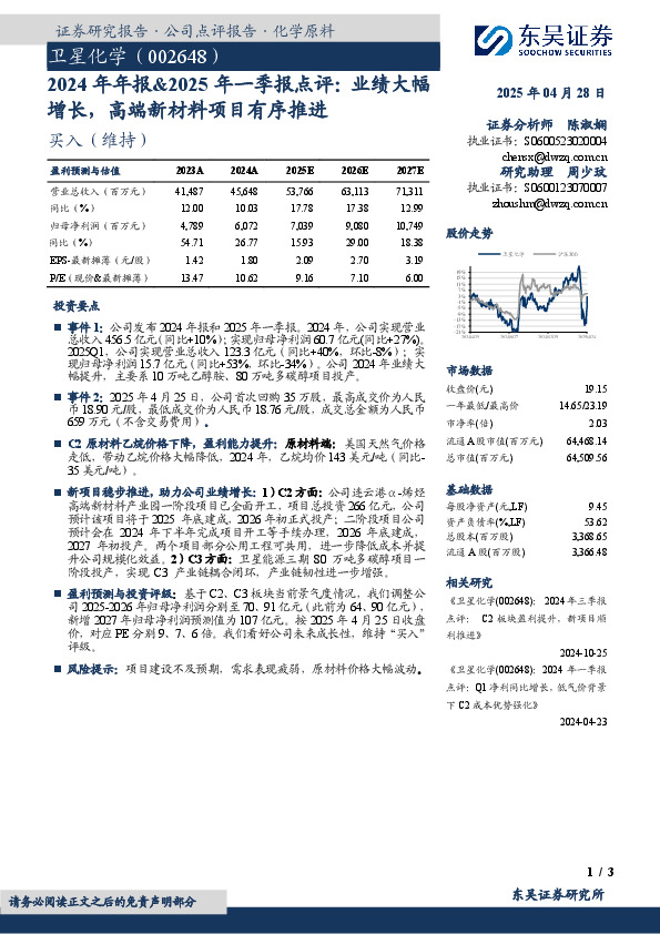 2024年年报&2025年一季报点评：业绩大幅增长，高端新材料项目有序推进