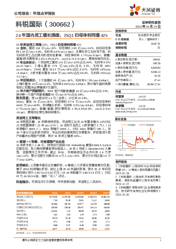 24年国内灵工增长提速，25Q1归母净利同增42%