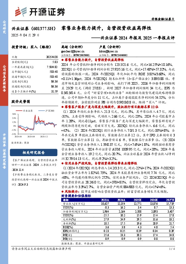 兴业证券2024年报及2025一季报点评：零售业务能力提升，自营投资收益高弹性
