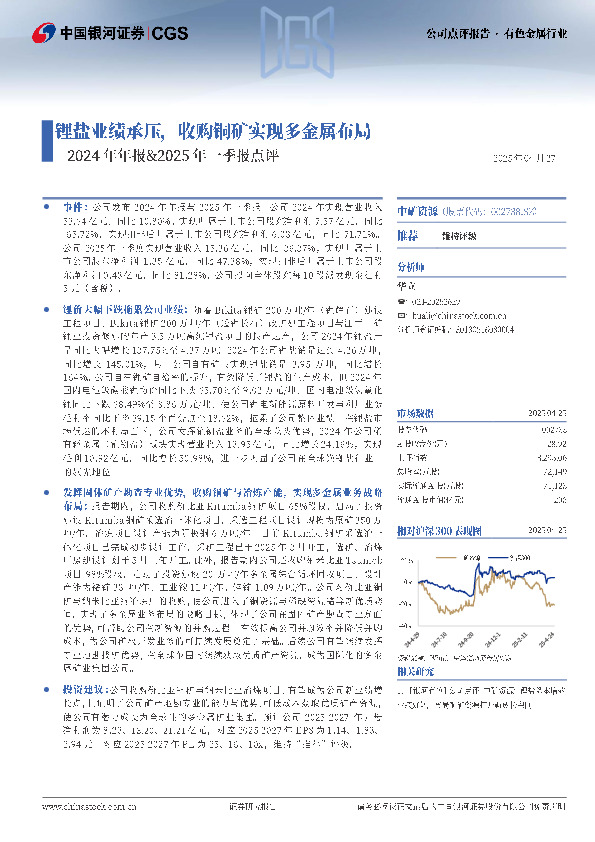 2024年年报&2025年一季报点评：锂盐业绩承压，收购铜矿实现多金属布局