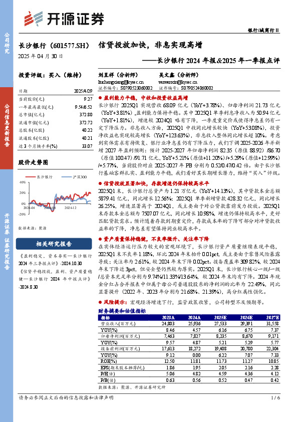 长沙银行2024年报&2025年一季报点评：信贷投放加快，非息实现高增