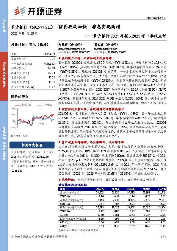 长沙银行2024年报&2025年一季报点评：信贷投放加快，非息实现高增