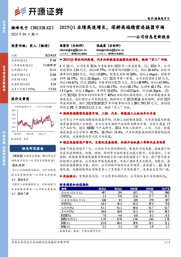 公司信息更新报告：2025Q1业绩高速增长，深耕高端精密连接器市场