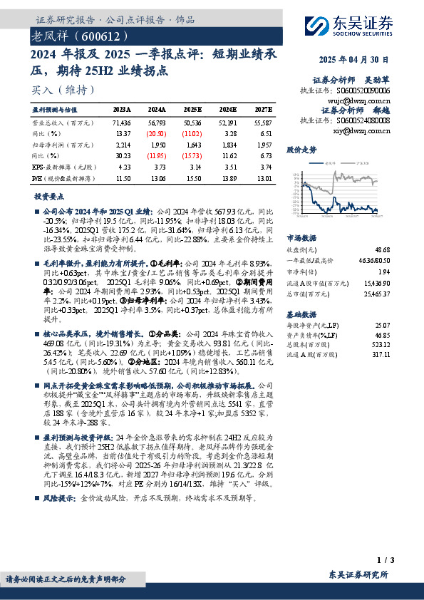 2024年报及2025一季报点评：短期业绩承压，期待25H2业绩拐点