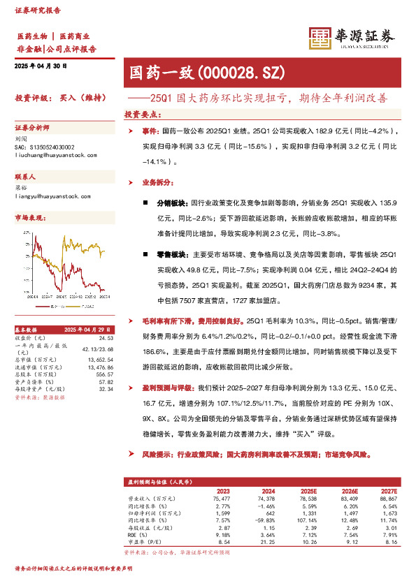 25Q1国大药房环比实现扭亏，期待全年利润改善