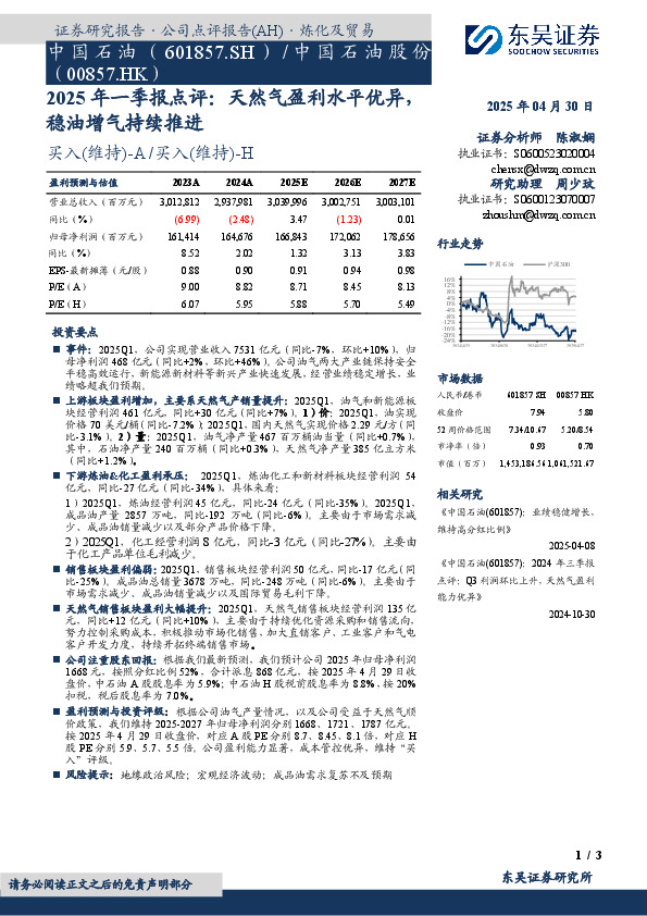 2025年一季报点评：天然气盈利水平优异，稳油增气持续推进