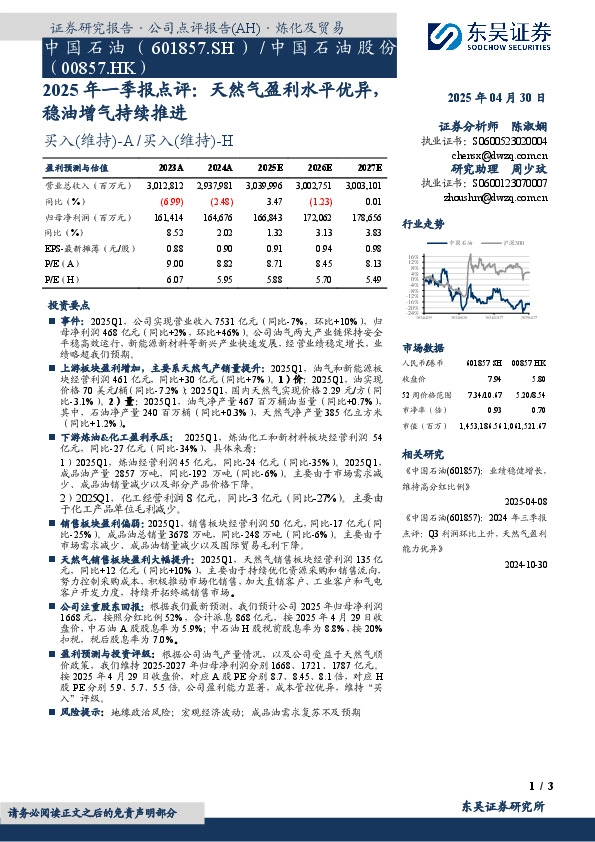 2025年一季报点评：天然气盈利水平优异，稳油增气持续推进