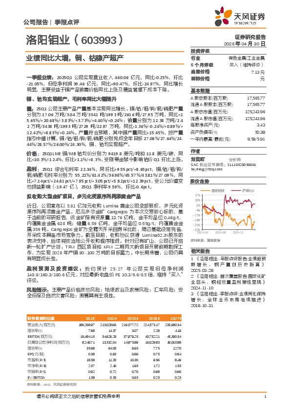 业绩同比大增，铜、钴稳产超产