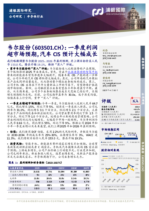 一季度利润超市场预期，汽车CIS预计大幅成长