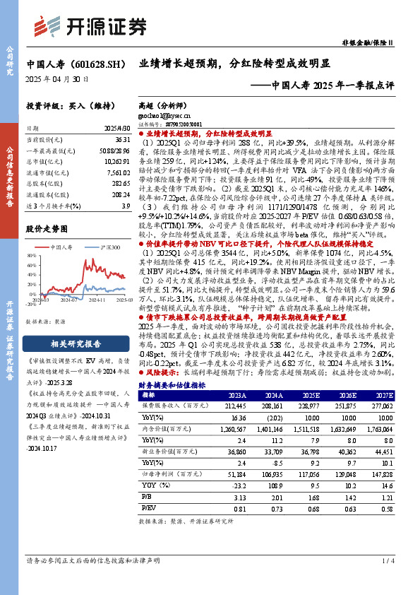 中国人寿2025年一季报点评：业绩增长超预期，分红险转型成效明显
