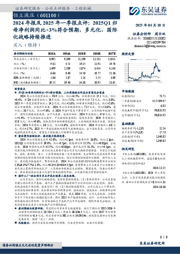 2024年报及2025年一季报点评：2025Q1归母净利润同比+3%符合预期，多元化、国际化战略持续推进