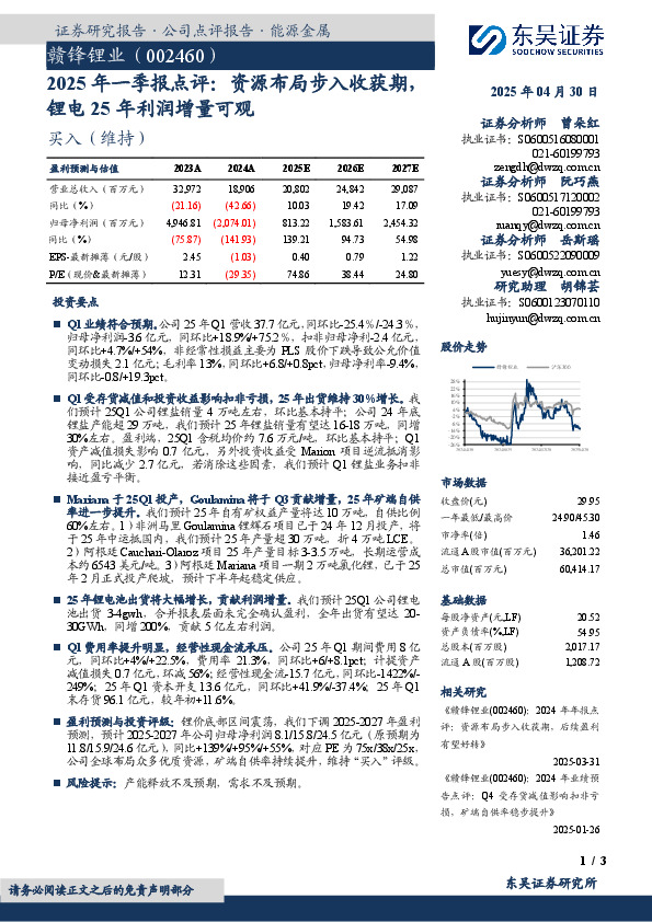 2025年一季报点评：资源布局步入收获期，锂电25年利润增量可观