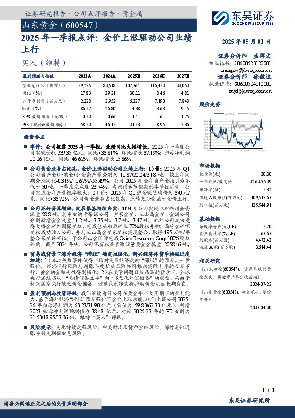 2025年一季报点评：金价上涨驱动公司业绩上行