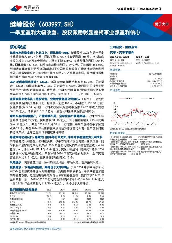 一季度盈利大幅改善，股权激励彰显座椅事业部盈利信心