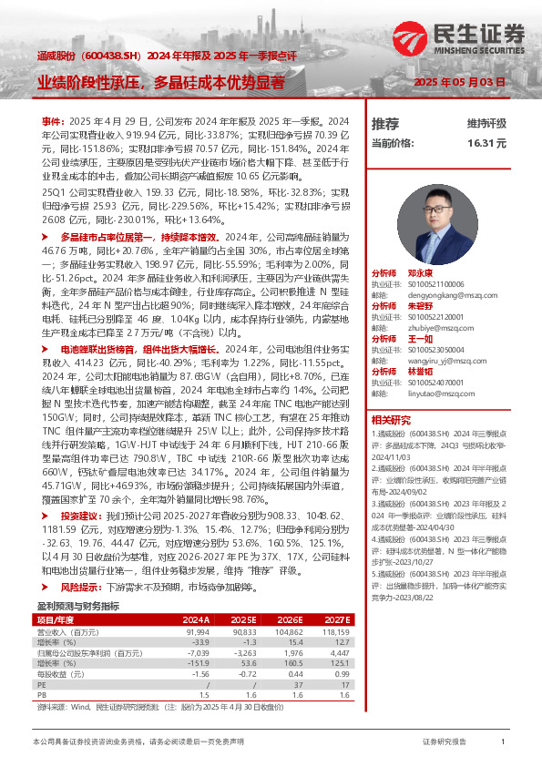 2024年年报及2025年一季报点评：业绩阶段性承压，多晶硅成本优势显著