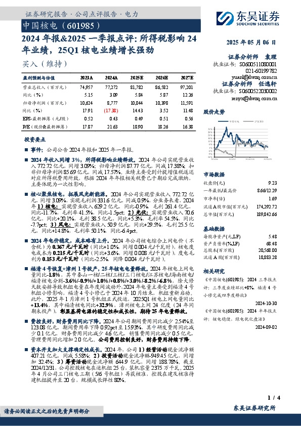 2024年报&2025一季报点评：所得税影响24年业绩，25Q1核电业绩增长强劲