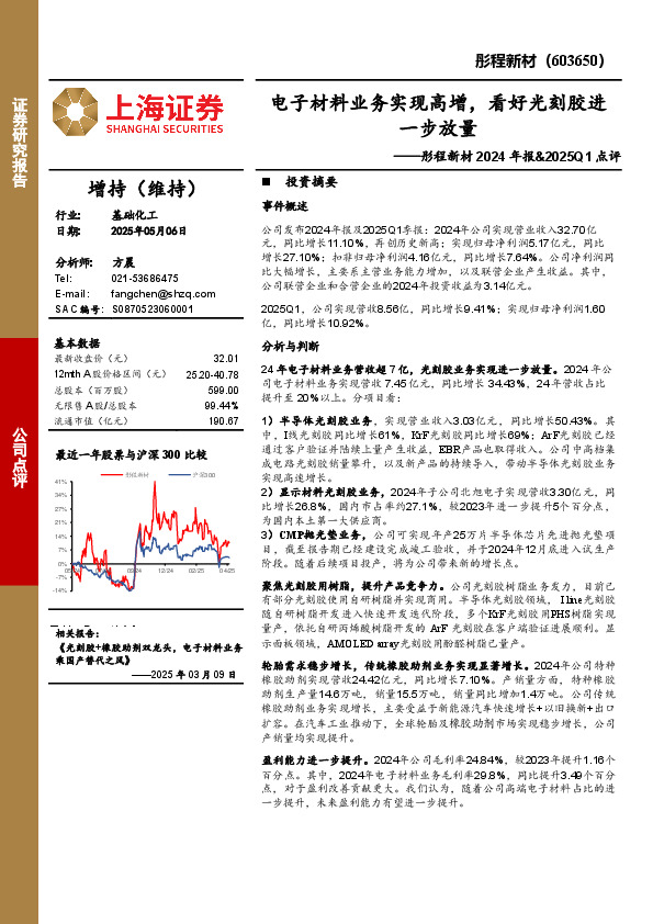 彤程新材2024年报&2025Q1点评：电子材料业务实现高增，看好光刻胶进一步放量